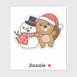 Sticker Beaver With Snowman In Winter At Christmas