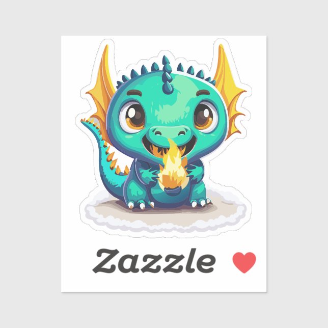 Sticker Bébé Dragon Mignon Avec Sa Première Boule de Feu (Feuille)