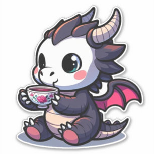 Sticker Bébé Dragon Noir Boire Thé ou café