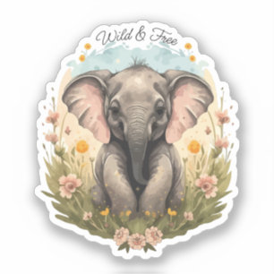 Sticker Bébé éléphant mignon Curiosité fleur sauvage Envie
