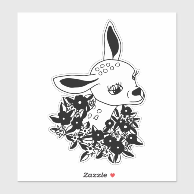 Sticker bébé fawn doe cerf fleurs dessin animal art (Feuille)
