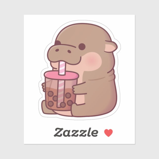 Sticker Bébé hippopotame mignon buvant du thé aux perles (Feuille)