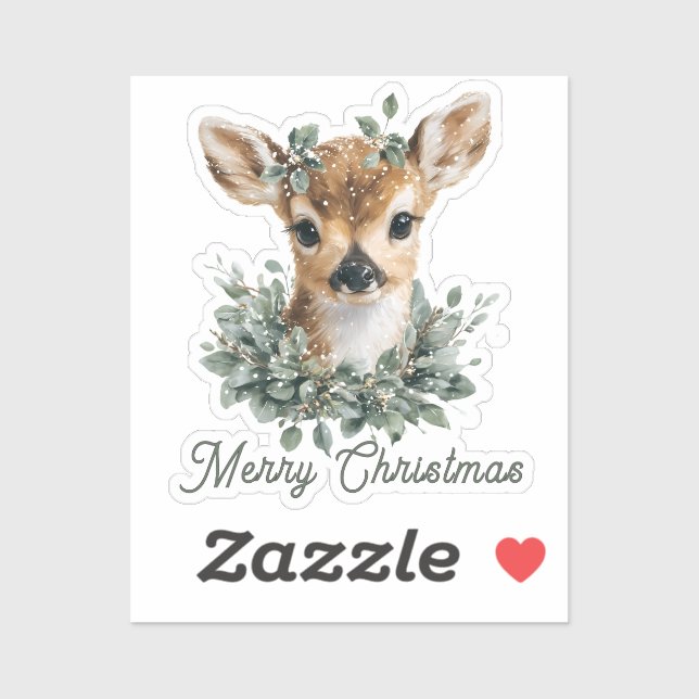 Sticker Bébé mignon Cerf Joyeux Noël - Aquarelle Fawn (Feuille)