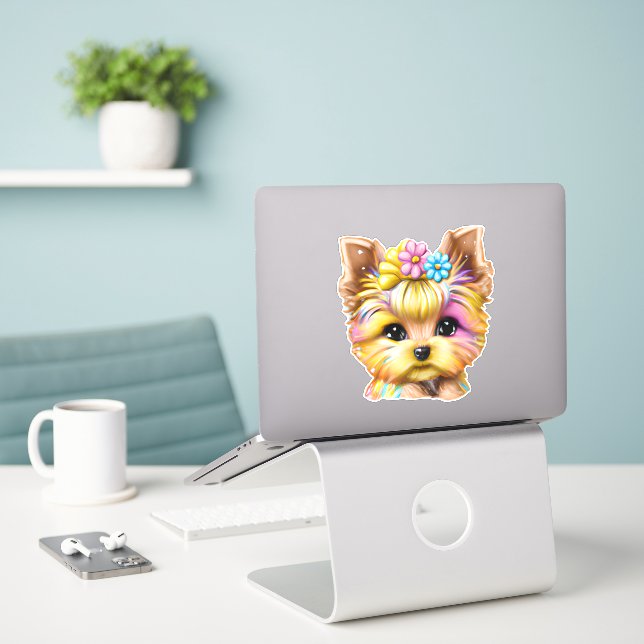 Sticker Bébé mignon et adorable Yorkie (Ordinateur portable sur le bureau)