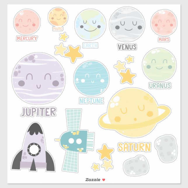 Sticker Bébé mignon Kawaii Planètes système solaire (Feuille)