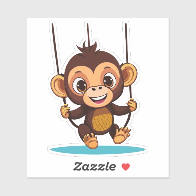 Sticker Bébé mignon Singe Se Balançant Sur La Flèche D'Arb (Feuille)