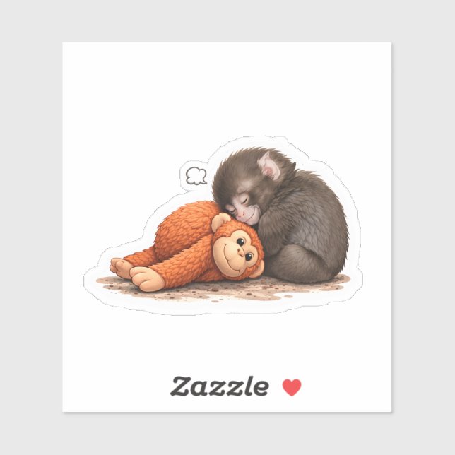 Sticker Bébé singe abandonné avec poupée de confort substi (Feuille)