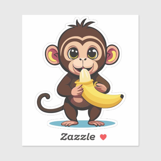 Sticker Bébé singe mignon avec son repas préféré la banane (Feuille)