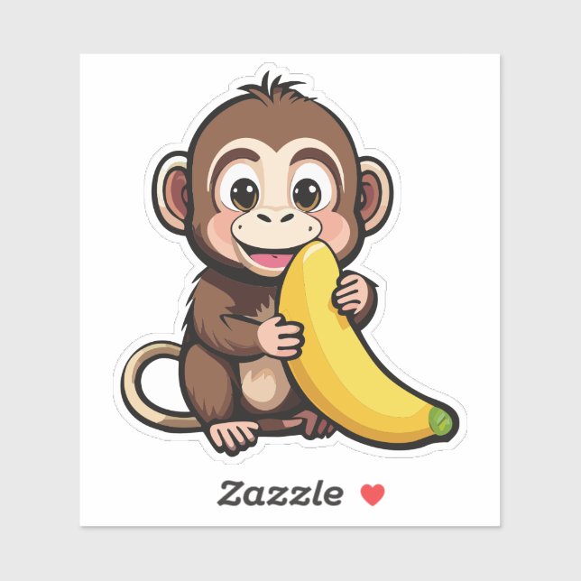 Sticker Bébé singe mignon avec son repas préféré la banane (Feuille)