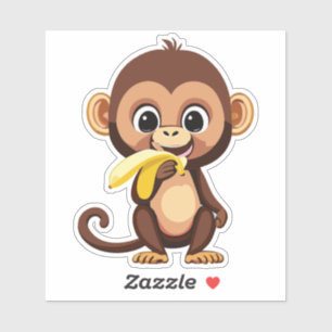 Sticker Bébé singe mignon avec son repas préféré la banane