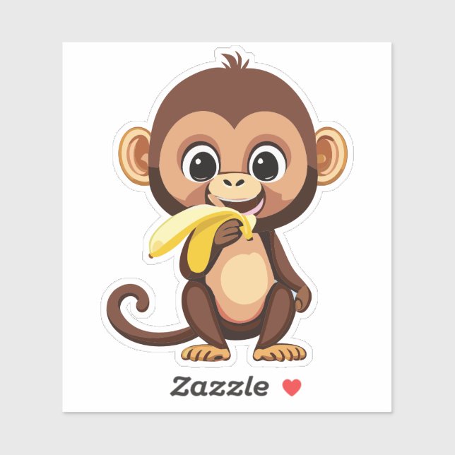 Sticker Bébé singe mignon avec son repas préféré la banane (Feuille)