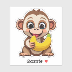 Sticker Bébé singe mignon avec son repas préféré la banane