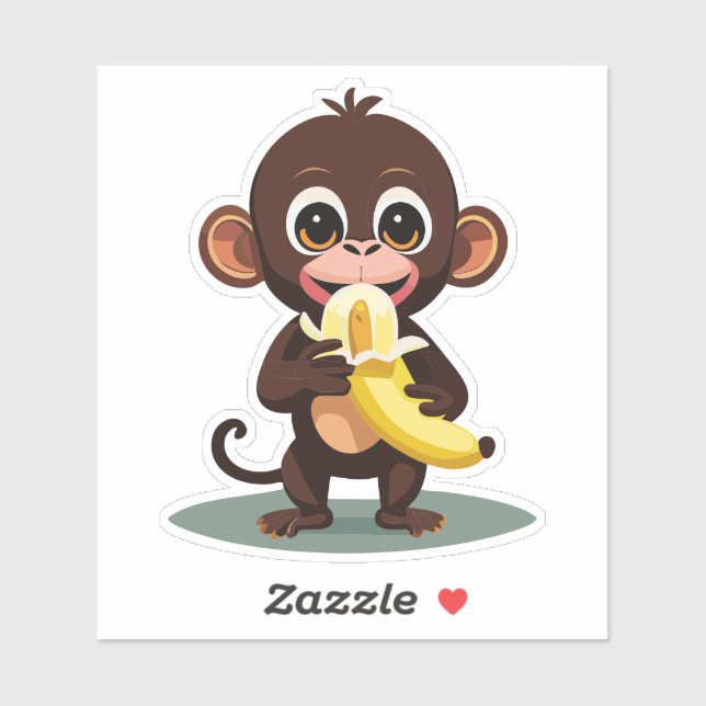 Sticker Bébé singe mignon avec son repas préféré la banane (Feuille)