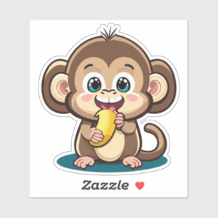 Sticker Bébé singe mignon avec son repas préféré la banane