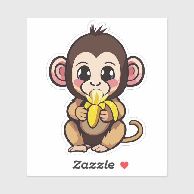 Sticker Bébé singe mignon avec son repas préféré la banane (Feuille)