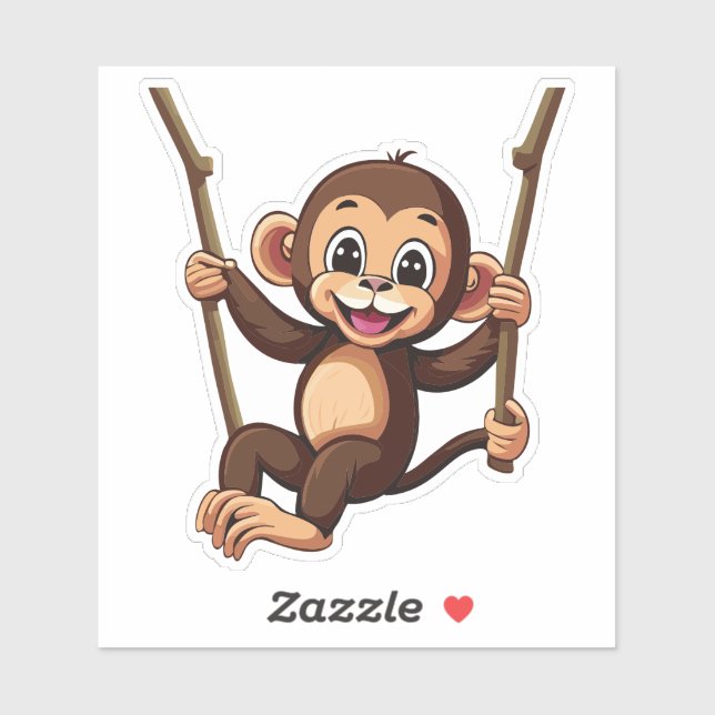 Sticker Bébé singe mignon se balançant sur une balançoire  (Feuille)