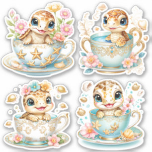 Sticker Bébé Tortue Élégante dans Tasse à Thé - Compositio