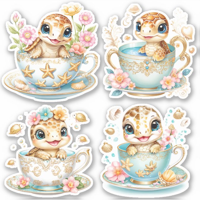 Sticker Bébé Tortue Élégante dans Tasse à Thé - Compositio (Devant)