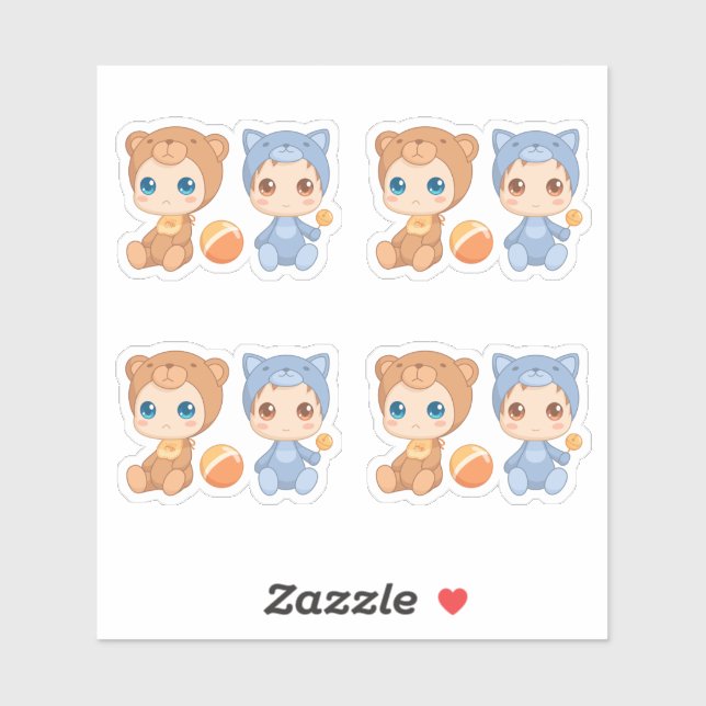 Sticker Bébé Twins Bear Chat Jumpsuit Ensemble de 4 (Feuille)