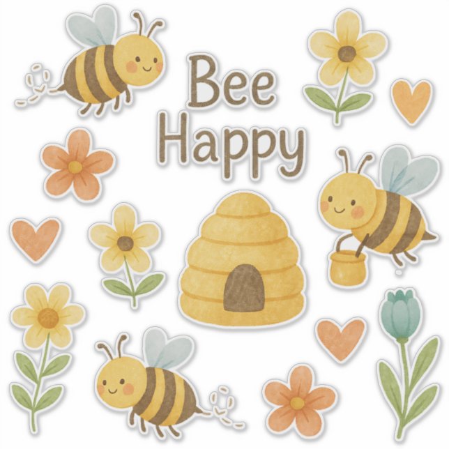 Sticker "BEE HAPPY" - abeilles mignonnes avec des fleurs - (Devant)