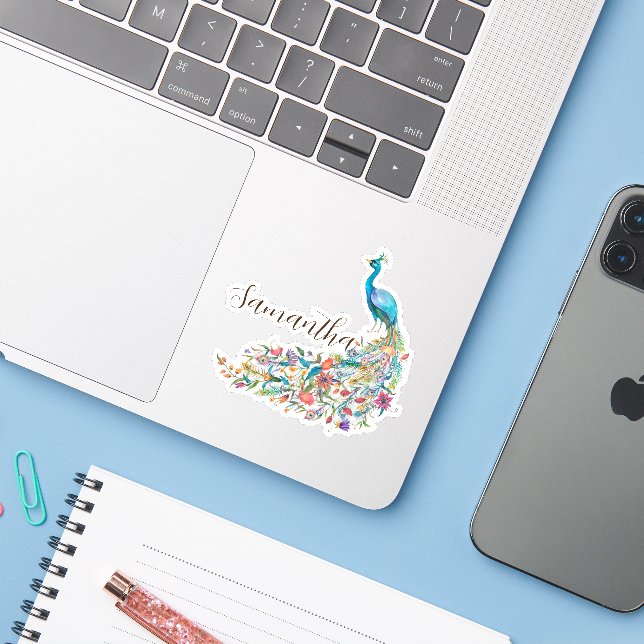 Sticker Belle aquarelle bleu paon I (Ordinateur portable avec iPhone)