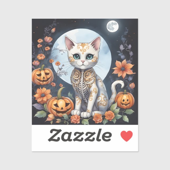Sticker Belle Chat Halloween Lune Florale - Whimsical (Feuille)