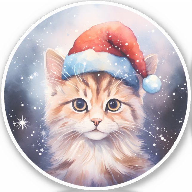 Sticker Belle Yeux Chat de Noël | Nuit hivernale de neige (Devant)
