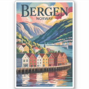 Sticker Bergen Norvège Illustration Art de Voyage Vintage