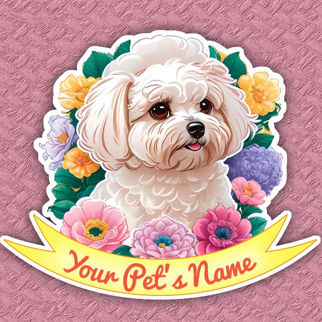 Sticker Bichon Frisé charmant, fleur jaune, rose et violet (Créateur téléchargé)