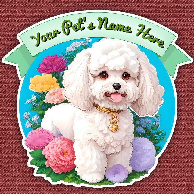 Sticker Bichon Frisé, ruban vert, fleurs autour (Créateur téléchargé)