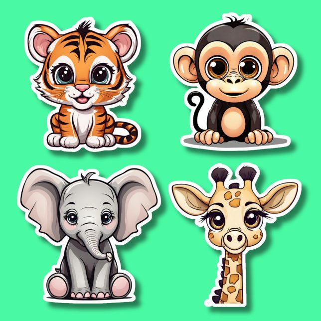 Sticker Big Eyed Kawaii Style Jungle Animal Set étanche (Créateur téléchargé)
