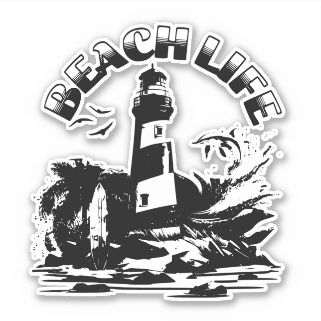 Sticker Black and White Lighthouse Beach Life (Devant)