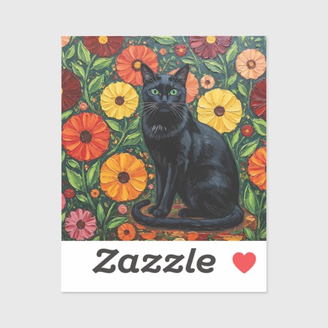 Sticker Black Cat and Colorful Folk Art Flowers (Feuille)