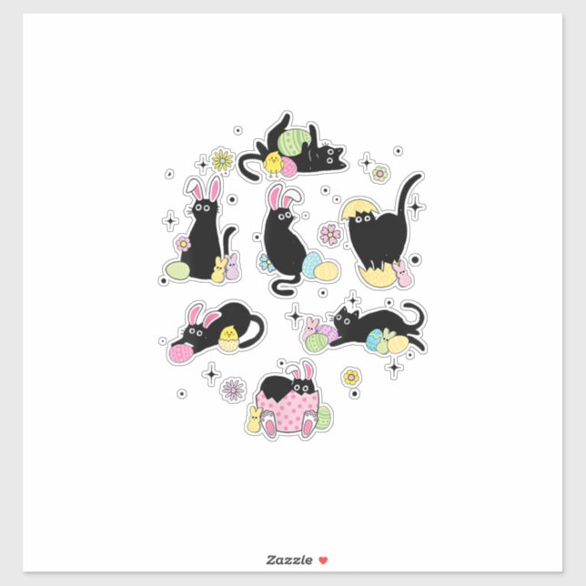 Sticker Black Cat with Bunny Eggs Happy Easter Day Matchin (Feuille)