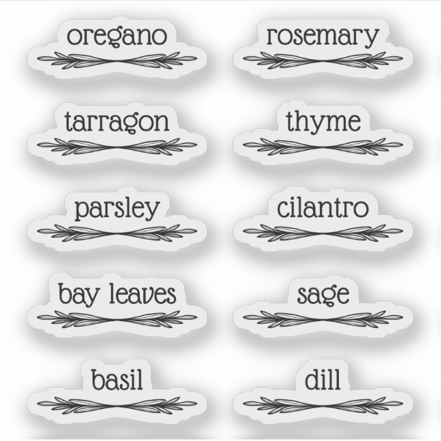Sticker Black Doodled Sprigs 10 Spice Herb Labels (Devant)