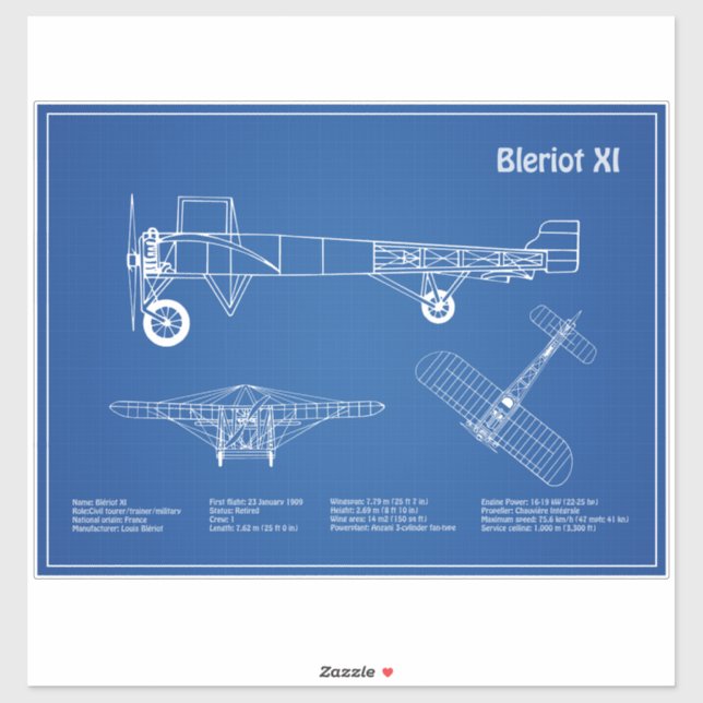 Sticker Bleriot XI - Plan de dessin du plan d'avion AD (Feuille)