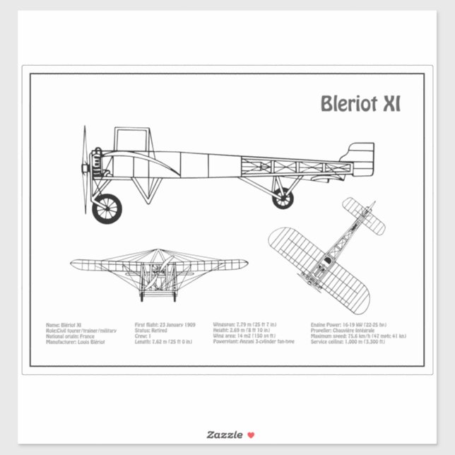 Sticker Bleriot XI - Plans de dessin du plan d'avion BD (Feuille)