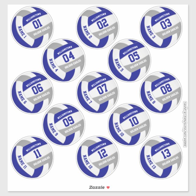 Sticker bleu gris école couleurs volleyball joueurs noms (Feuille)