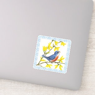 Sticker Bleu Rouge Oiseau Branche Fleurs Jaunes Bordure Bl