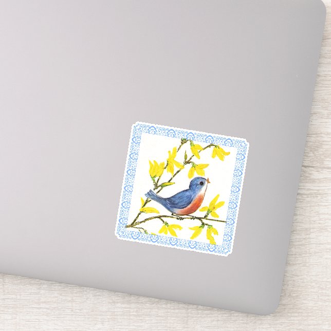 Sticker Bleu Rouge Oiseau Branche Fleurs Jaunes Bordure Bl (Détail)