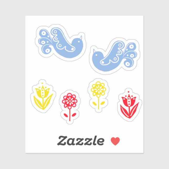 Sticker Bleu Scandi Oiseau Rouge Jaune Fleurs (Feuille)