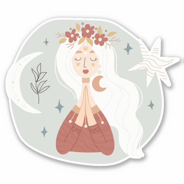 Sticker Blonde boho femme couronne de fleurs étoile lune b (Devant)
