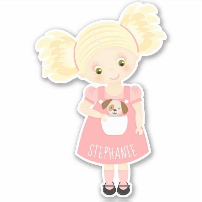 Sticker Blonde mignonne Anniversaire fille et chiot (Devant)