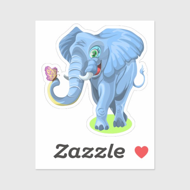 Sticker Blue Elephant Jouer Avec Papillon (Feuille)