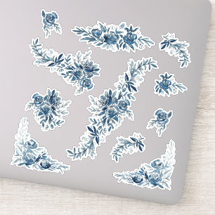 Sticker Blue indigo aquarelle lin fleuri mariage