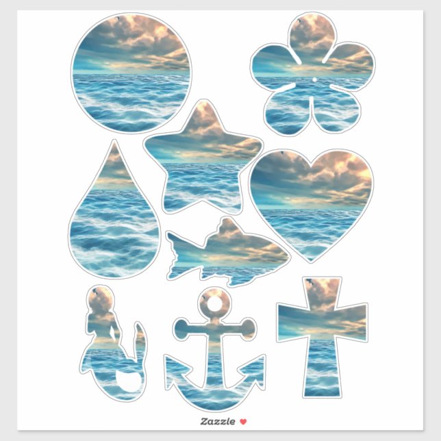 Sticker Blue Ocean Seascape Ciel nuageux formes géométriqu (Feuille)