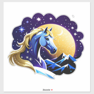 Sticker Blue Unicorn Head Portrait in Starry Night Space