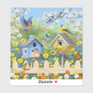 Sticker Bluebirds Goldfinches Birdhouses Jardin aux fleurs