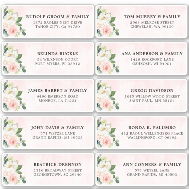 Sticker Blush Pink Ivory Floral Mariage Adresse d'hôte (Devant)