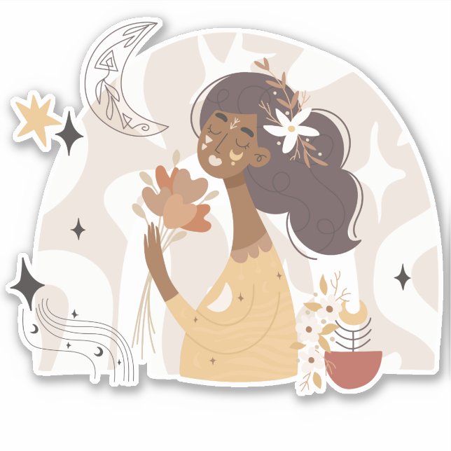 Sticker Boho brun calme femme fleurs lune étoiles (Devant)